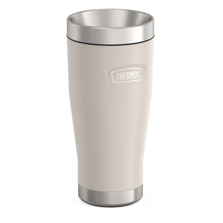 Thermos 16 ounce Stainless Steel Tumbler with twist lock lid, side view, Sandstone Beige.