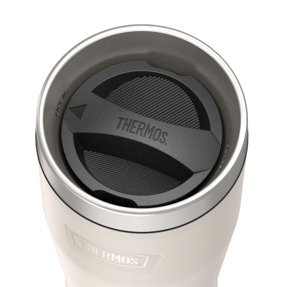 Thermos 16 ounce Stainless Steel Tumbler with twist lock lid, top view of twist lid, with arrow pointing to open, Sandstone Beige.