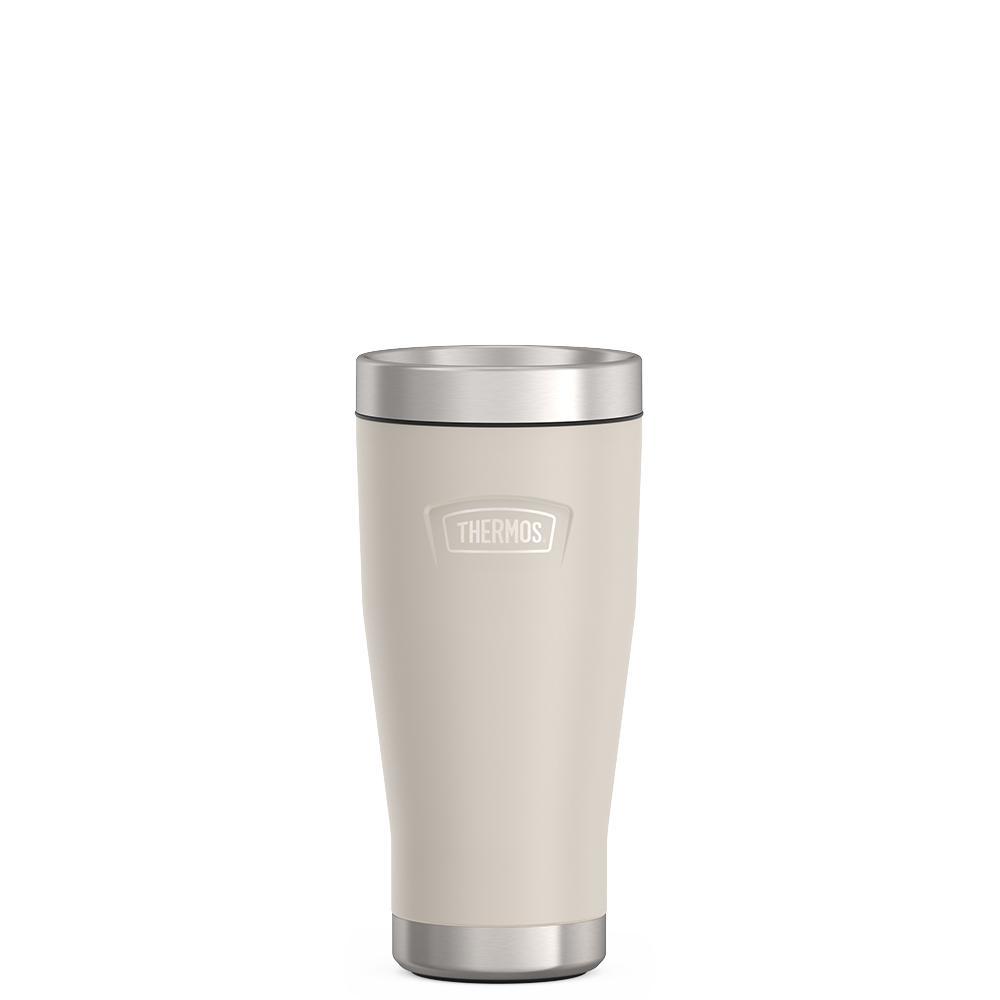 Thermos 16 ounce Stainless Steel Tumbler with twist lock lid, front view, Sandstone Beige.