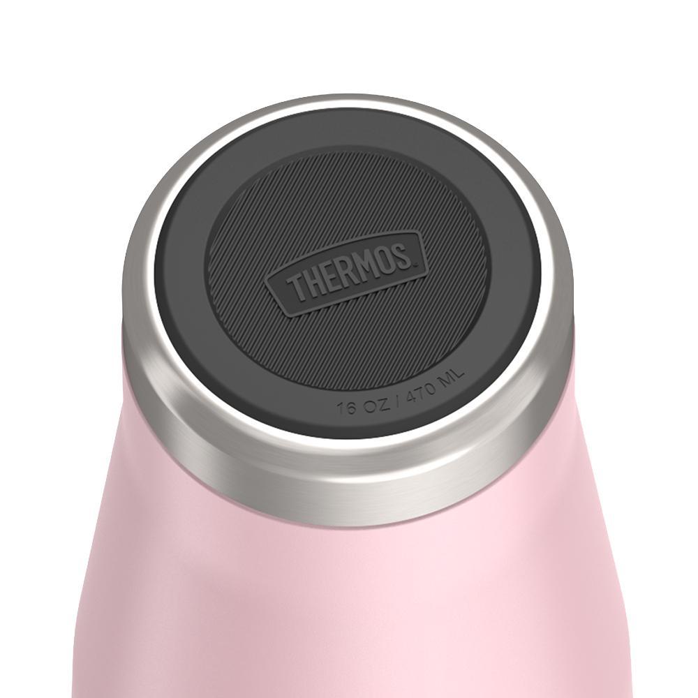 Thermos 16 ounce Stainless Steel Tumbler with twist lock lid, base view of non-slip base, Sunset Pink.