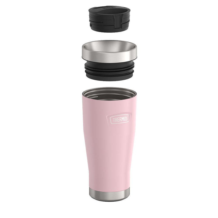 Thermos 16 ounce Stainless Steel Tumbler with twist lock lid, leak proof lid, components disassembled, Sunset Pink.