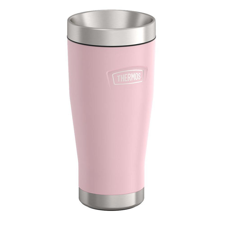 Thermos 16 ounce Stainless Steel Tumbler with twist lock lid, side view, Sunset Pink.