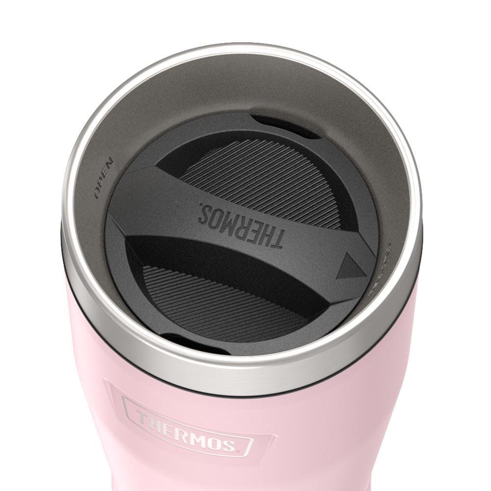 Thermos 16 ounce Stainless Steel Tumbler with twist lock lid, top view of twist lid, with arrow pointing to closed, Sunset Pink.