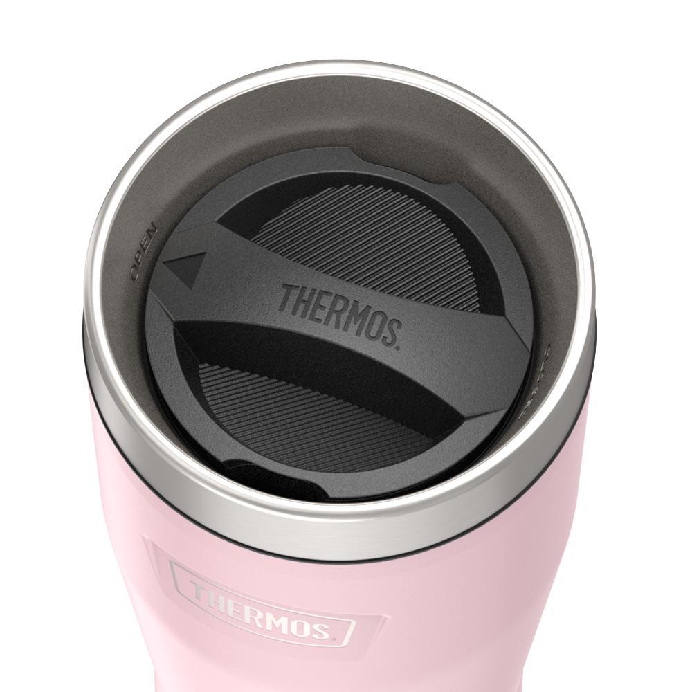 Thermos 16 ounce Stainless Steel Tumbler with twist lock lid, top view of twist lid, with arrow pointing to open, Sunset Pink.