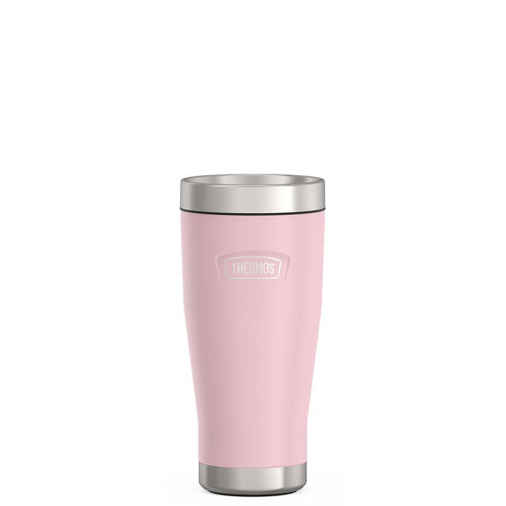 Thermos 16 ounce Stainless Steel Tumbler with twist lock lid, front view, Sunset Pink.