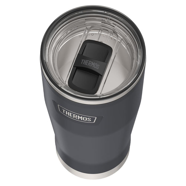 Thermos 18 ounce Stainless Steel Tumbler with slide lock lid, top view of slide lock lid, with slide closed, Granite Black.