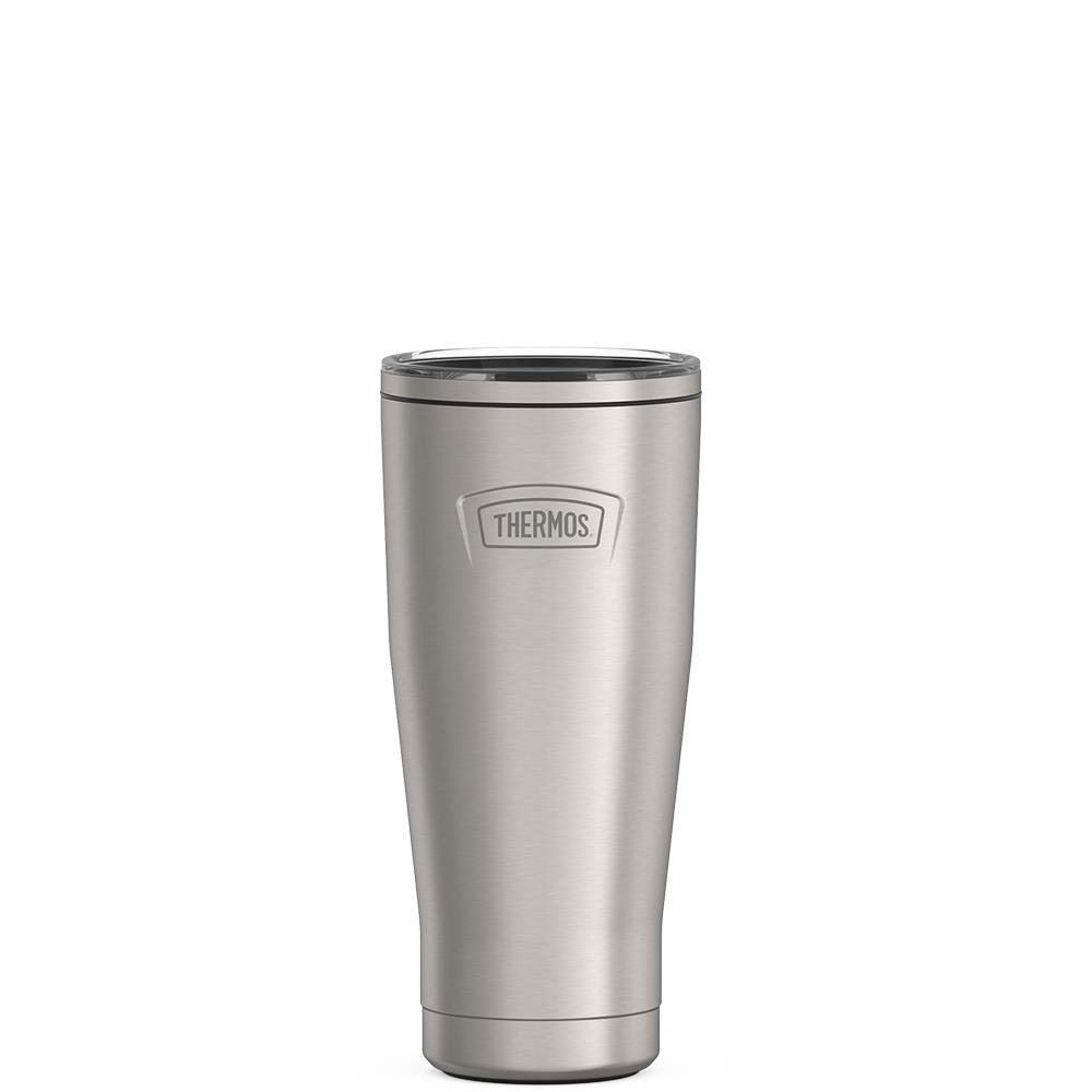 Thermos 18 ounce Stainless Steel Tumbler with slide lock lid, front view, Matte Stainless Steel.