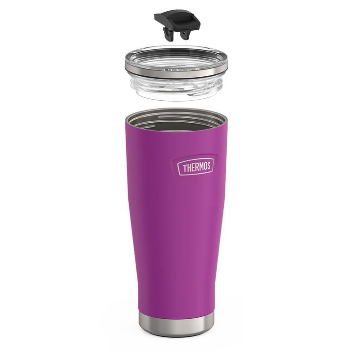 Thermos 18 ounce Stainless Steel Tumbler with slide lock lid, leak resistant lid, components disassembled, Plum Purple.