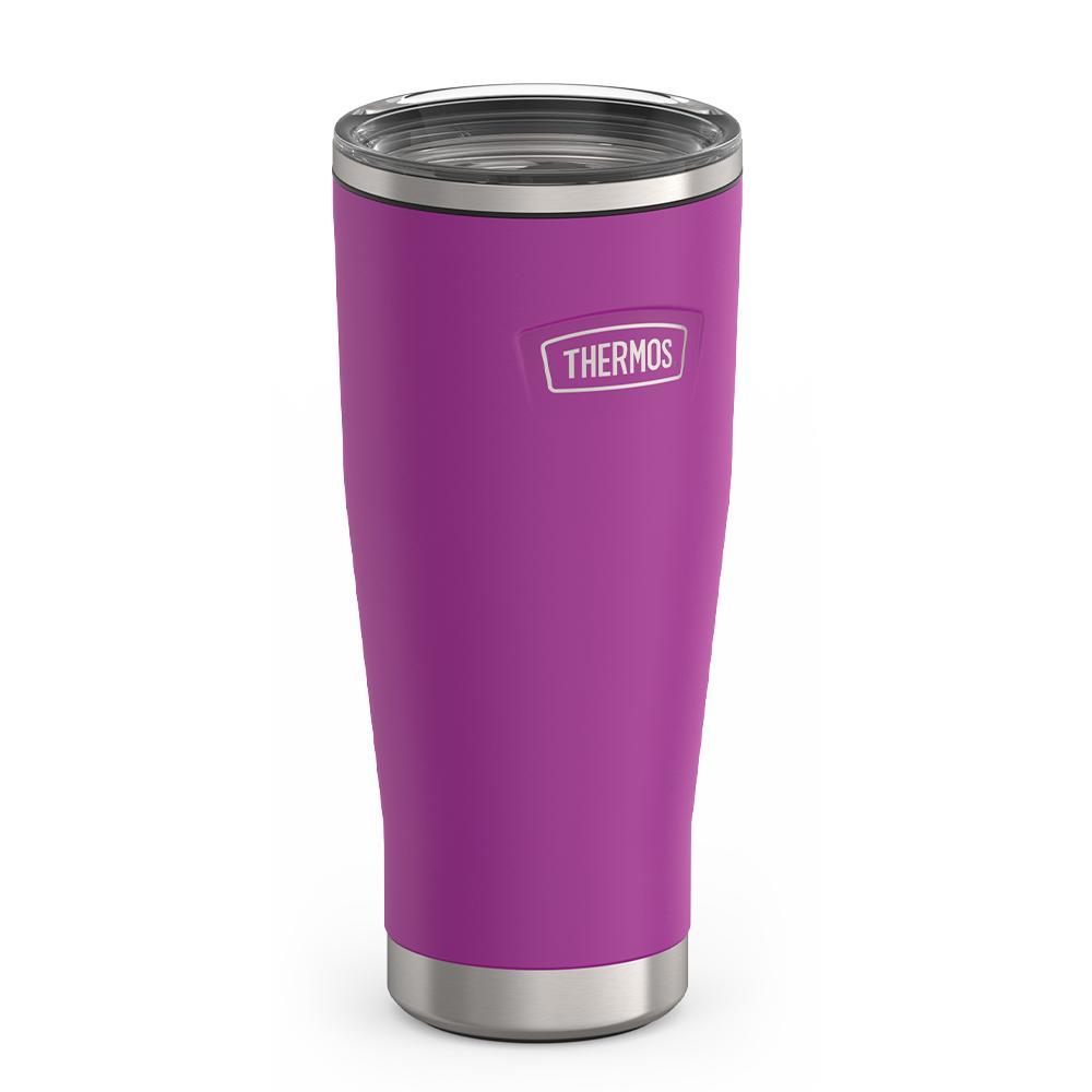 Thermos 18 ounce Stainless Steel Tumbler with slide lock lid, side view, Plum Purple.