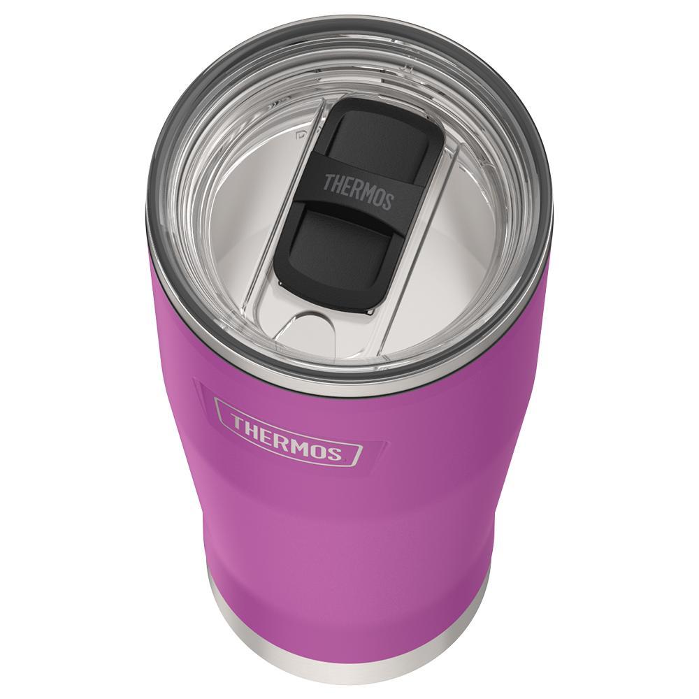 Thermos 18 ounce Stainless Steel Tumbler with slide lock lid, top view of slide lock lid, with slide open, Plum Purple.