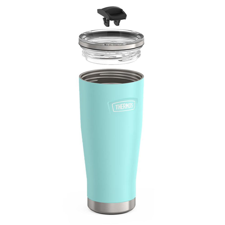 Thermos 18 ounce Stainless Steel Tumbler with slide lock lid, leak resistant lid, components disassembled, Sea Green.