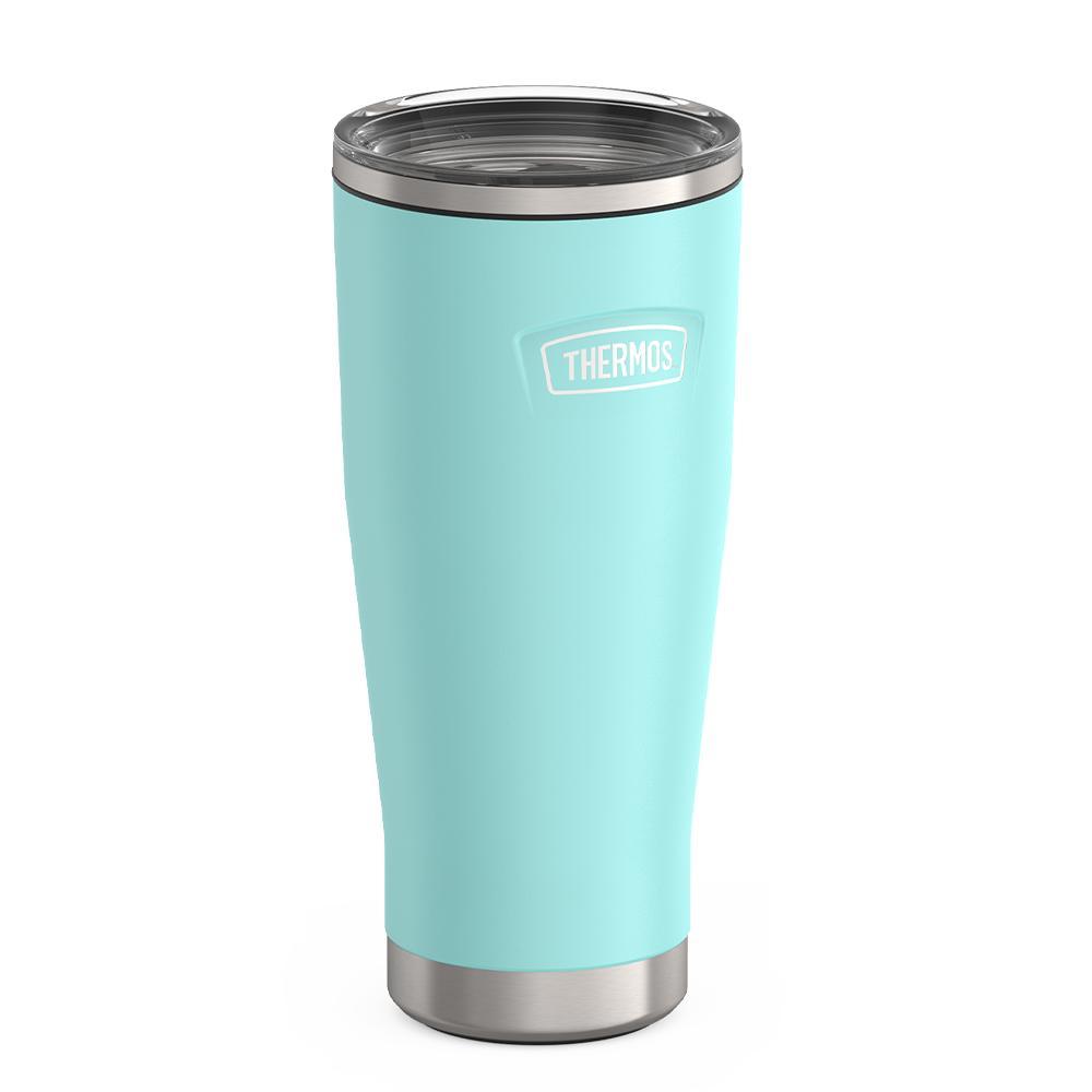 Thermos 18 ounce Stainless Steel Tumbler with slide lock lid, side view, Sea Green.