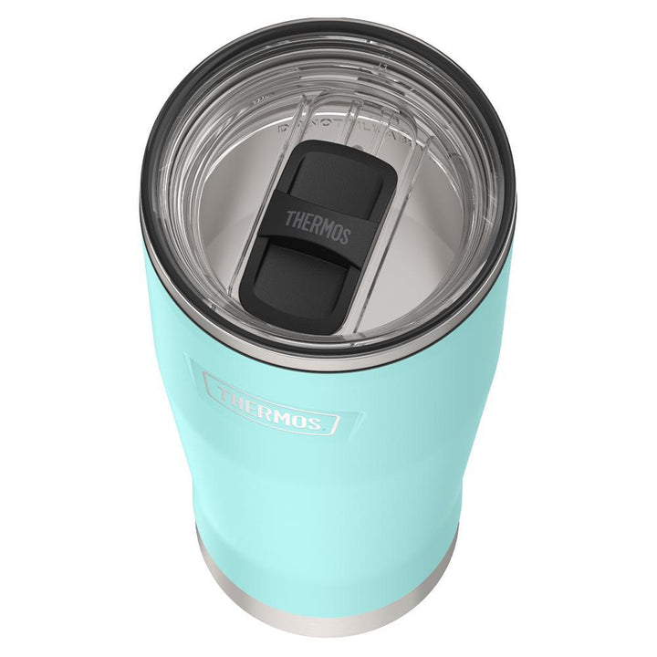 Thermos 18 ounce Stainless Steel Tumbler with slide lock lid, top view of slide lock lid, with slide closed, Sea Green.