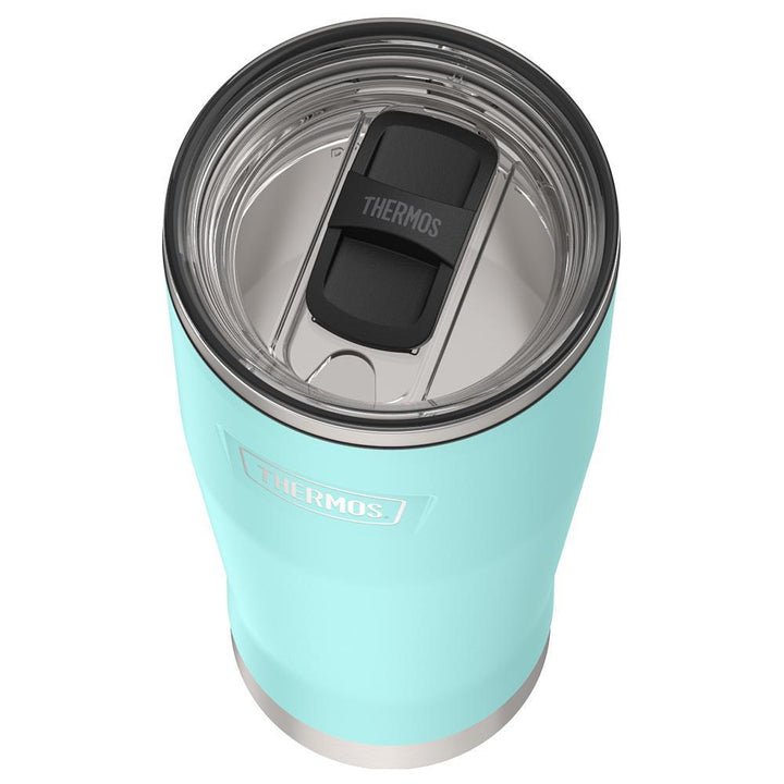 Thermos 18 ounce Stainless Steel Tumbler with slide lock lid, top view of slide lock lid, with slide open, Sea Green.