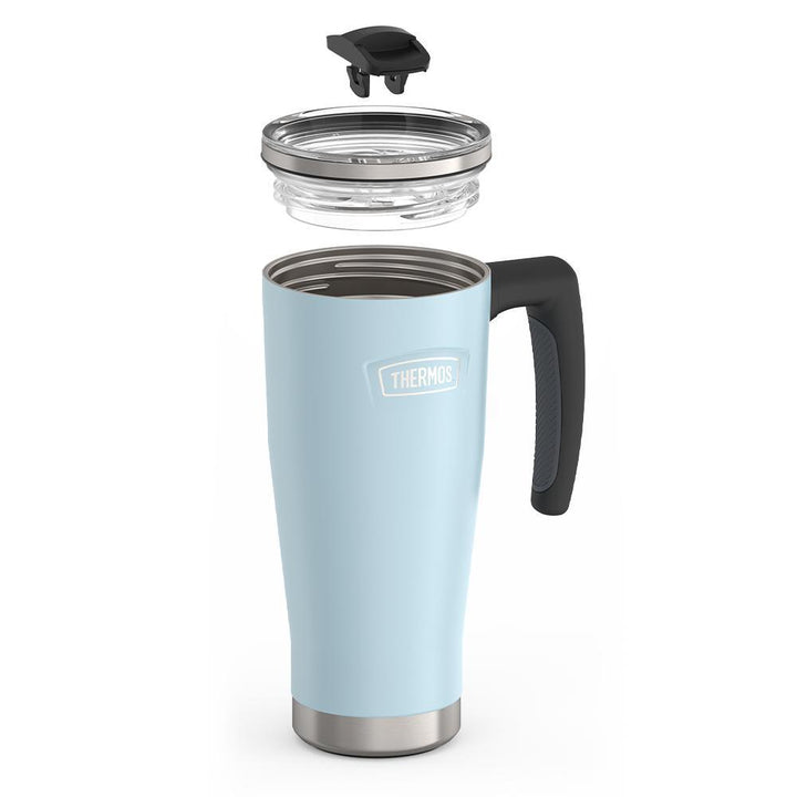 Thermos 18 ounce Stainless Steel Mug with handle and slide lock lid, leak resistant lid, components disassembled, Glacier Blue.