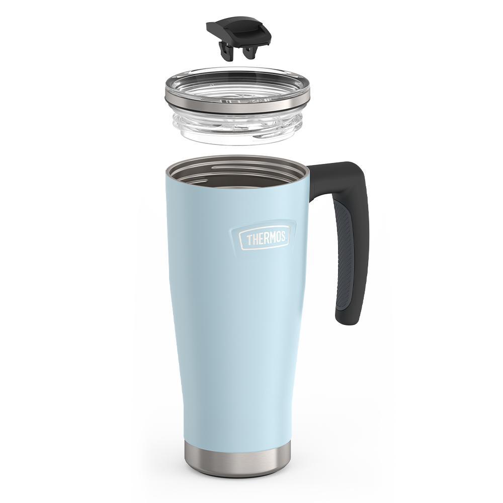 Thermos 18 ounce Stainless Steel Mug with handle and slide lock lid, leak resistant lid, components disassembled, Glacier Blue.