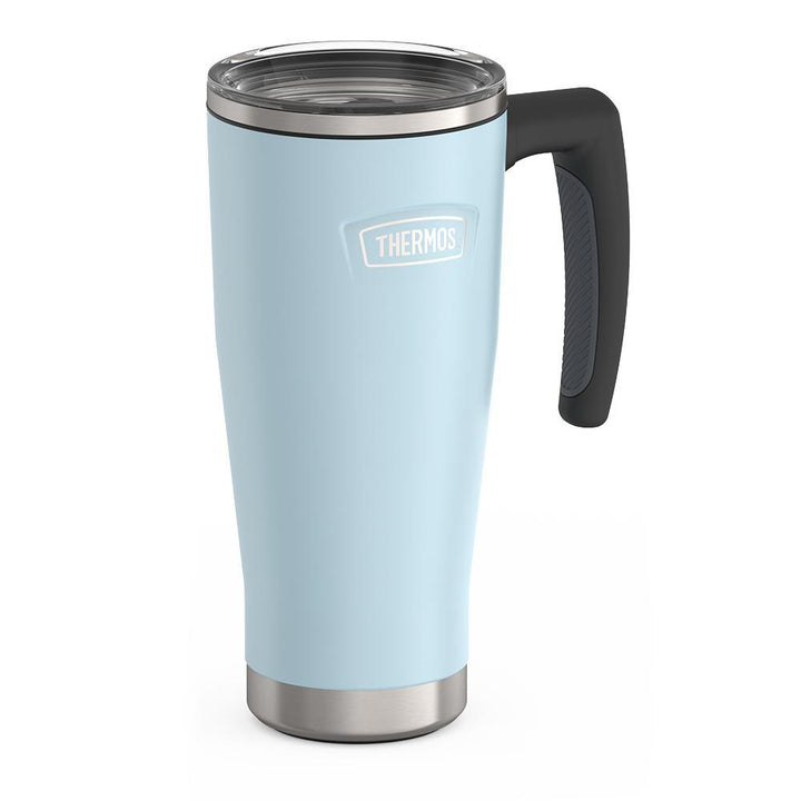 Thermos 18 ounce Stainless Steel Mug with handle and slide lock lid, side view, Glacier Blue.