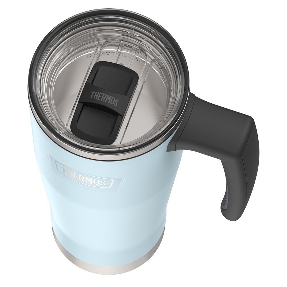 Thermos 18 ounce Stainless Steel Mug with handle and slide lock lid, side view, Glacier Blue.