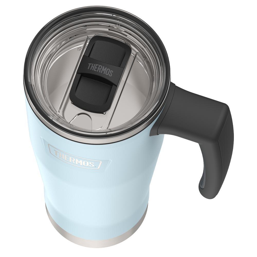 Thermos 18 ounce Stainless Steel Mug with handle and slide lock lid, top view of slide lock lid, with slide open, Glacier Blue.