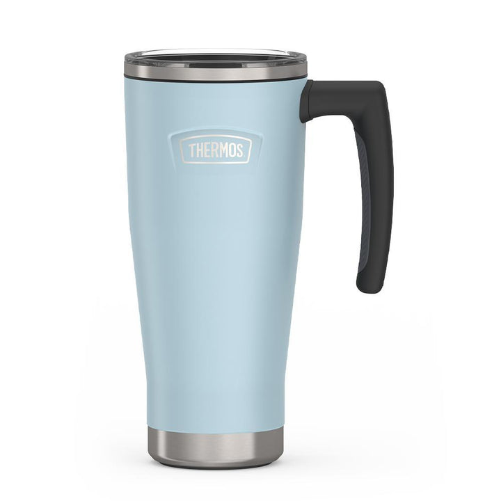 Thermos 18 ounce Stainless Steel Mug with handle and slide lock lid, front view, Glacier Blue.