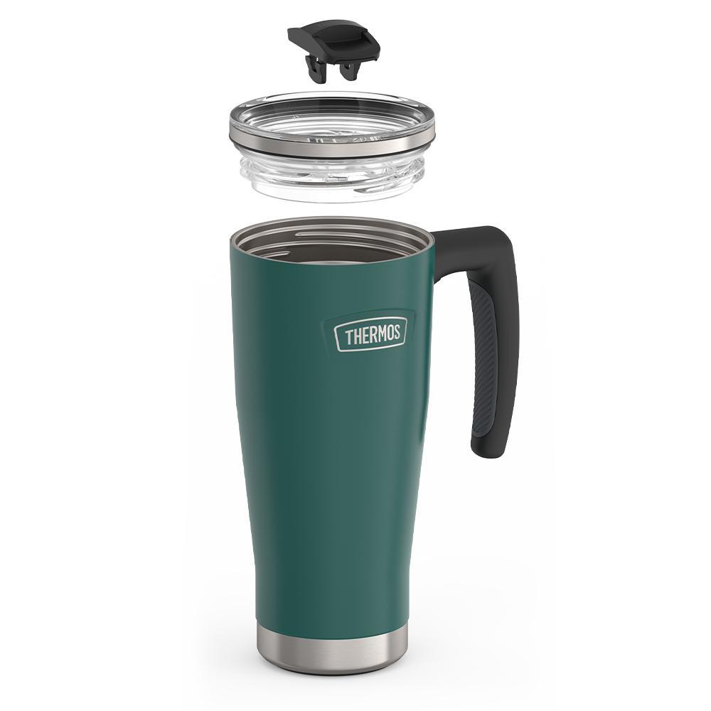 Thermos 18 ounce Stainless Steel Mug with handle and slide lock lid, leak resistant lid, components disassembled, Spruce Green.