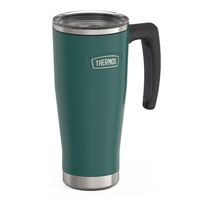 Thermos 18 ounce Stainless Steel Mug with handle and slide lock lid, side view, Spruce Green.