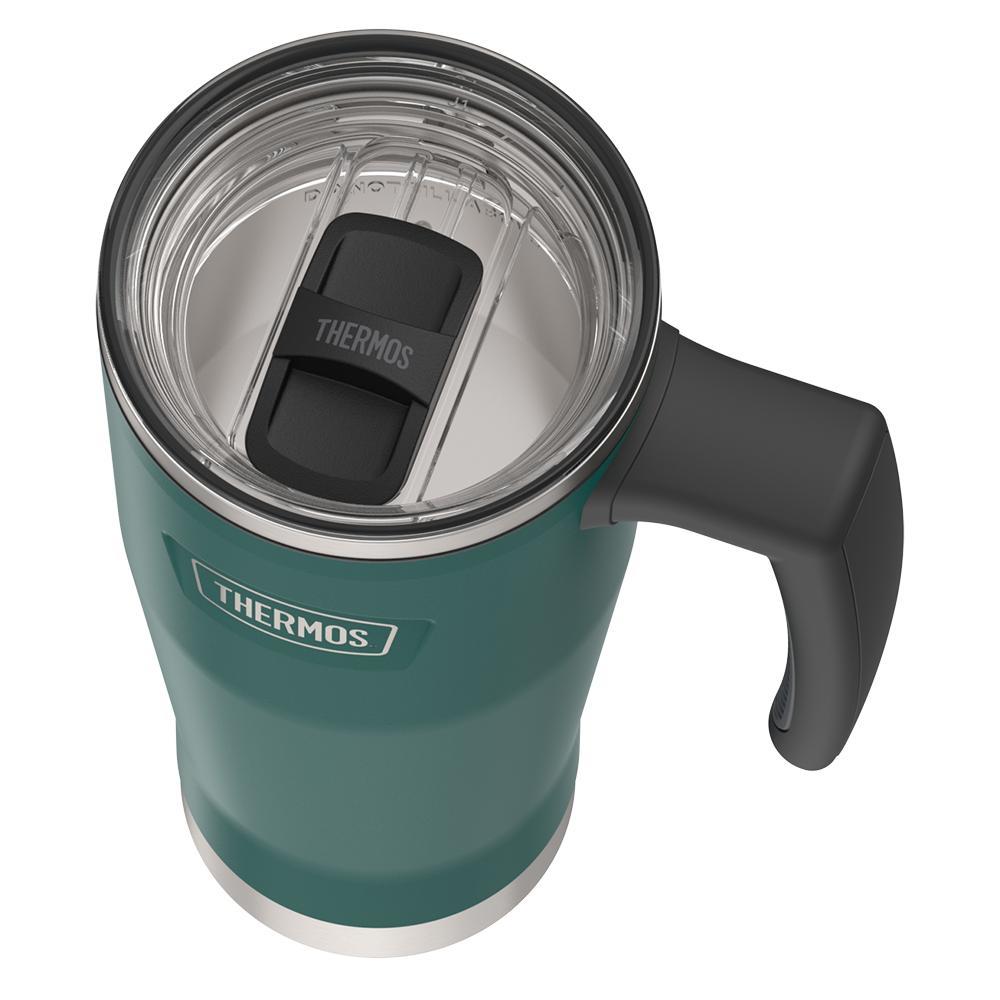 Thermos 18 ounce Stainless Steel Mug with handle and slide lock lid, top view of slide lock lid, with slide closed, Spruce Green.