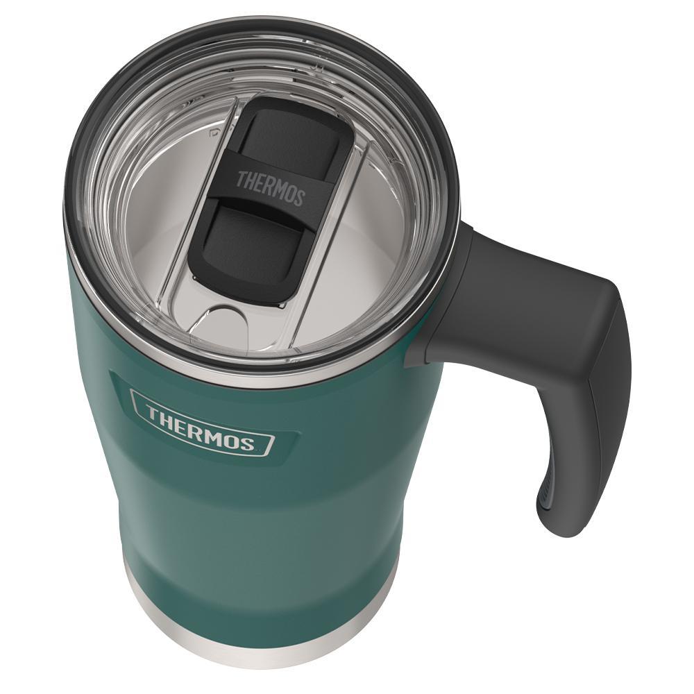 Thermos 18 ounce Stainless Steel Mug with handle and slide lock lid, top view of slide lock lid, with slide open, Spruce Green.