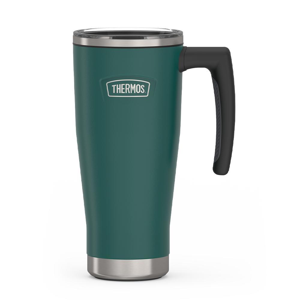 Thermos 18 ounce Stainless Steel Mug with handle and slide lock lid, front view, Spruce Green.