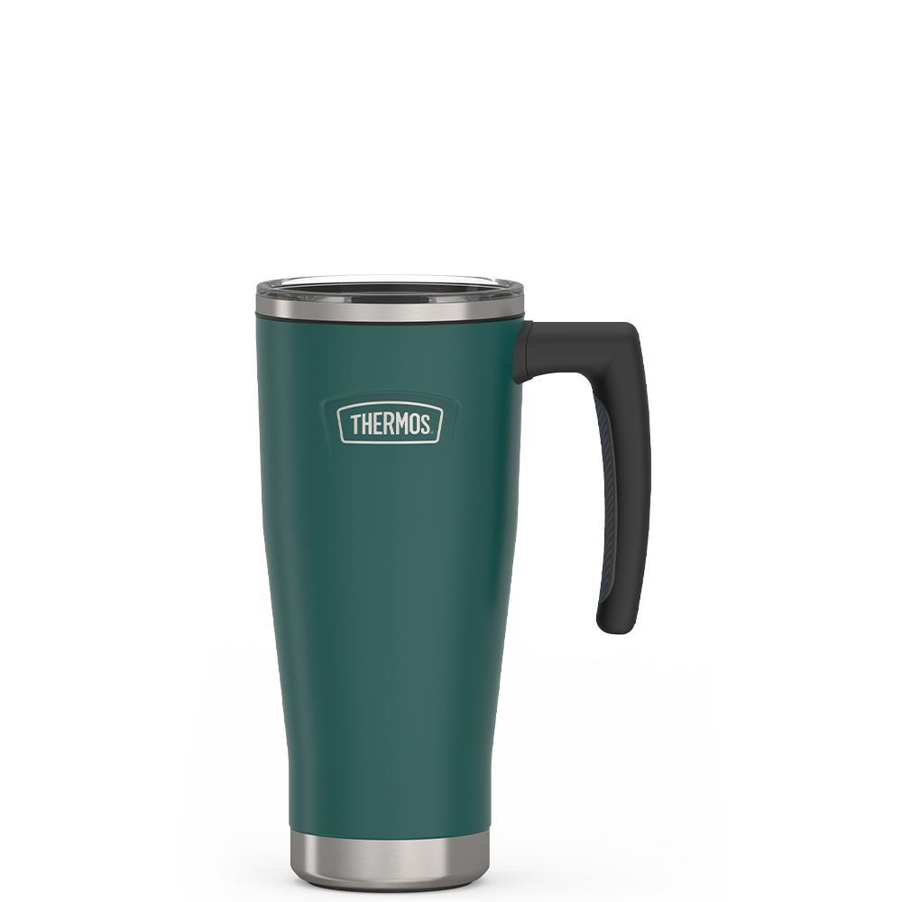 Thermos 18 ounce Stainless Steel Mug with handle and slide lock lid, front view, Spruce Green.