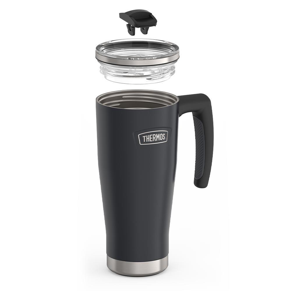 Thermos 18 ounce Stainless Steel Mug with handle and slide lock lid, leak resistant lid, components disassembled, Granite Black.