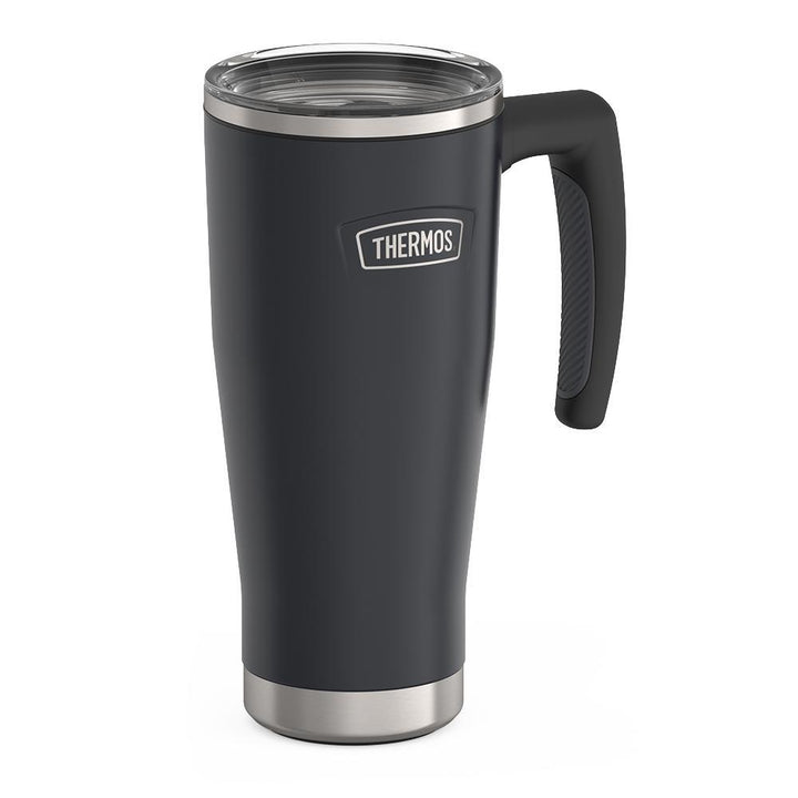 Thermos 18 ounce Stainless Steel Mug with handle and slide lock lid, side view, Granite Black.