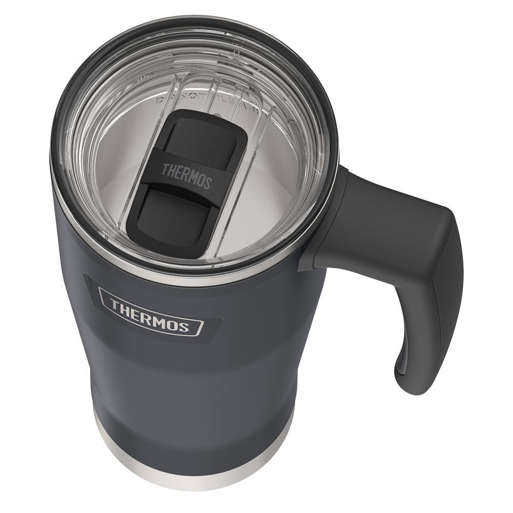 Thermos 18 ounce Stainless Steel Mug with handle and slide lock lid, top view of slide lock lid, with slide closed, Granite Black.