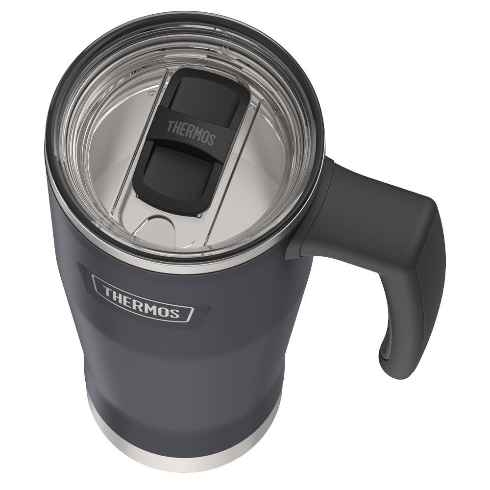 Thermos 18 ounce Stainless Steel Mug with handle and slide lock lid, top view of slide lock lid, with slide open, Granite Black.