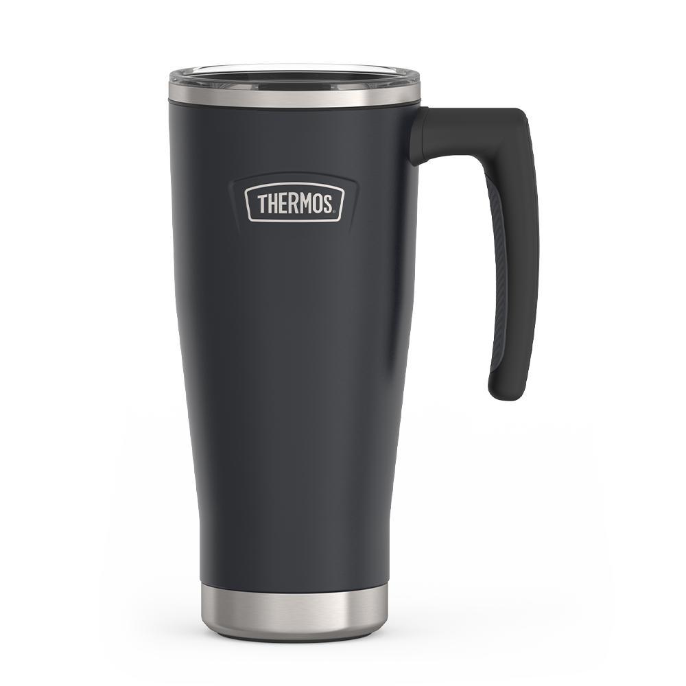 Thermos 18 ounce Stainless Steel Mug with handle and slide lock lid, front view, Granite Black.