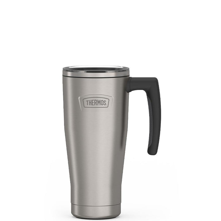 Thermos 18 ounce Stainless Steel Mug with handle and slide lock lid, front view, Matte Stainless Steel.