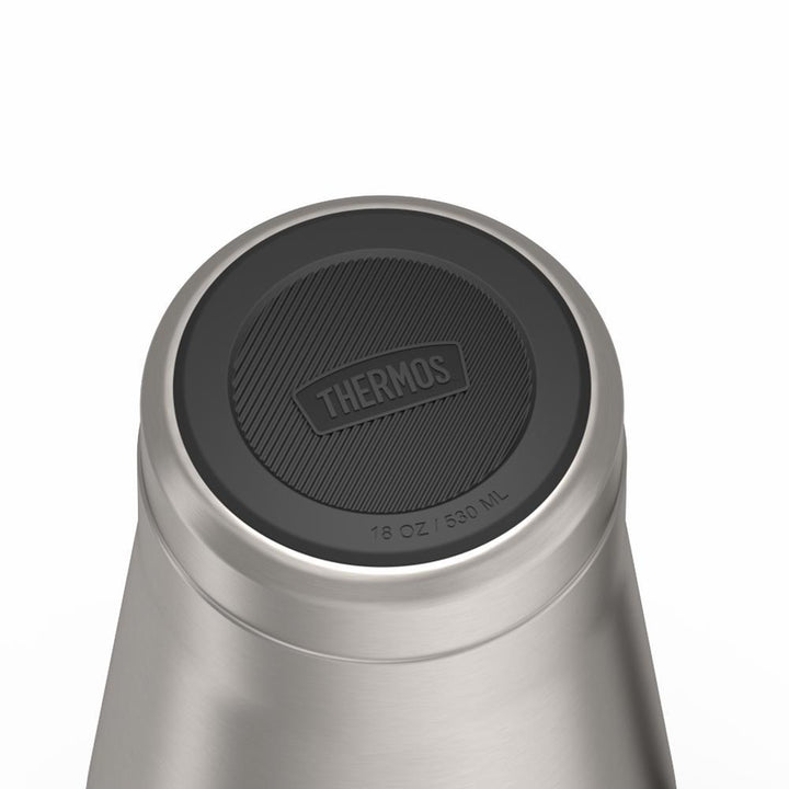 Thermos 18 ounce Stainless Steel Mug with handle and slide lock lid, base view of non-slip base, Matte Stainless Steel.