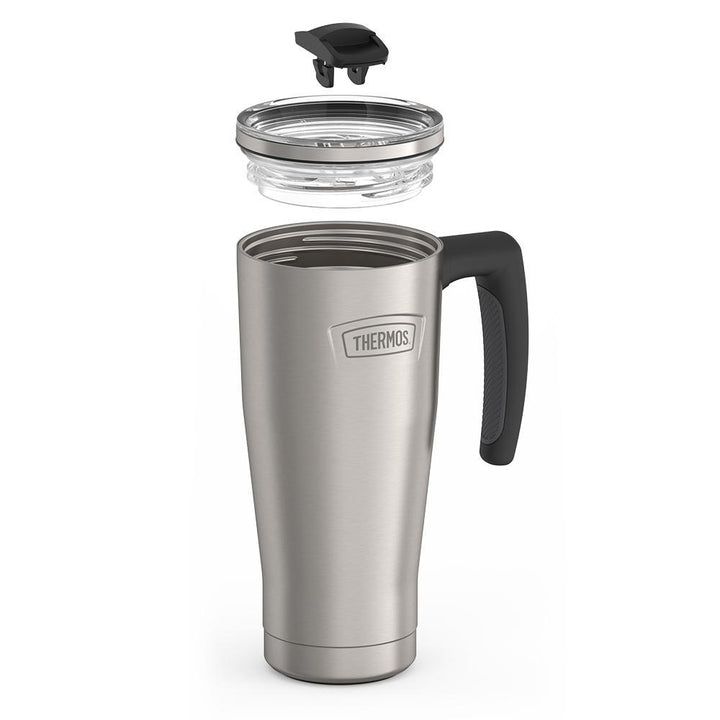 Thermos 18 ounce Stainless Steel Mug with handle and slide lock lid, leak resistant lid, components disassembled, Matte Stainless Steel.