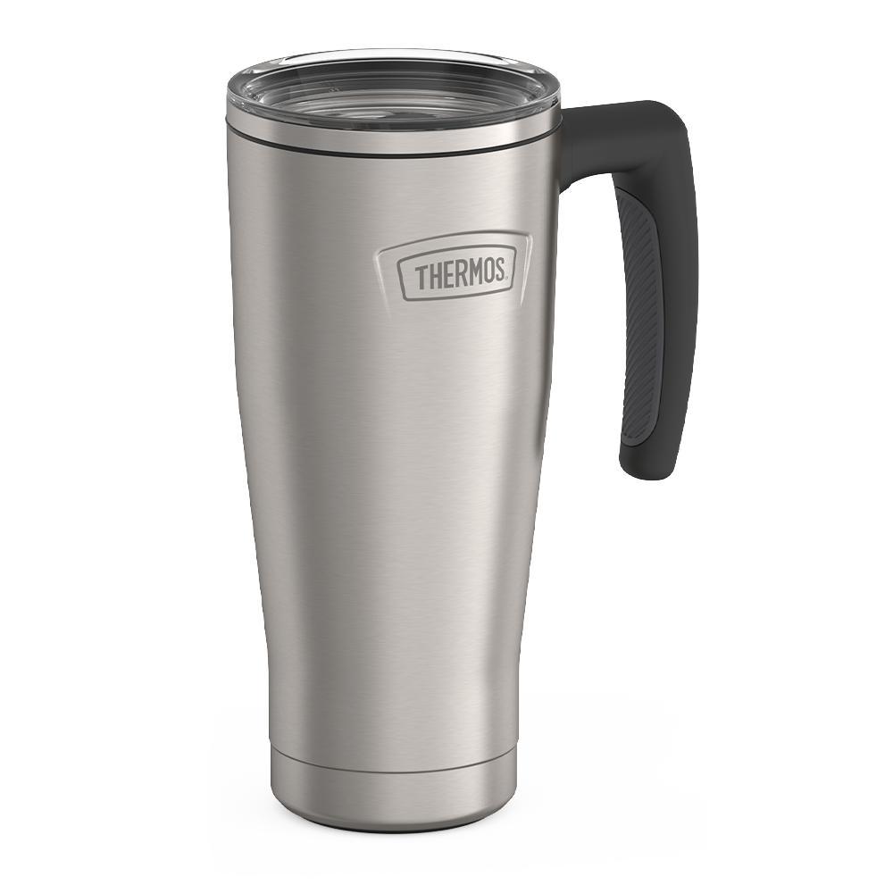 Thermos 18 ounce Stainless Steel Mug with handle and slide lock lid, side view, Matte Stainless Steel.