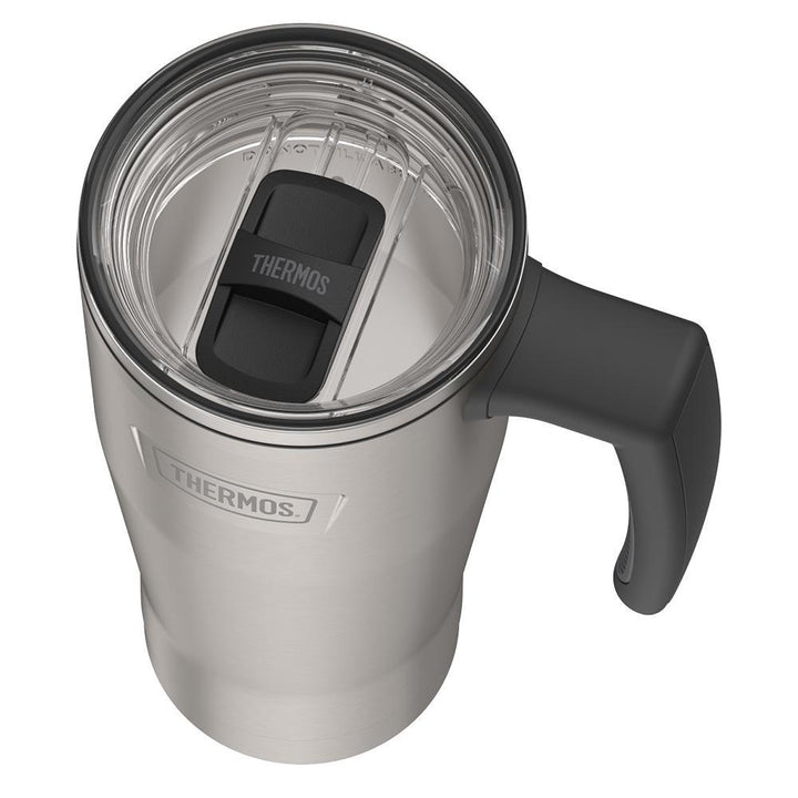 Thermos 18 ounce Stainless Steel Mug with handle and slide lock lid, top view of slide lock lid, with slide closed, Matte Stainless Steel.