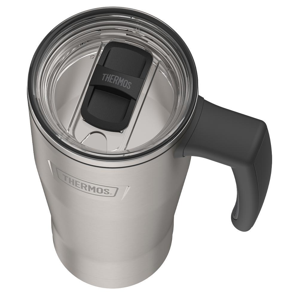 Thermos 18 ounce Stainless Steel Mug with handle and slide lock lid, top view of slide lock lid, with slide open, Matte Stainless Steel.