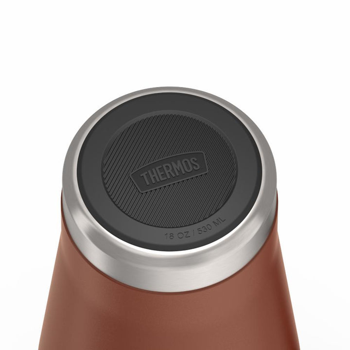 Thermos 18 ounce Stainless Steel Mug with handle and slide lock lid, base view of non-slip base, Saddle Brown.