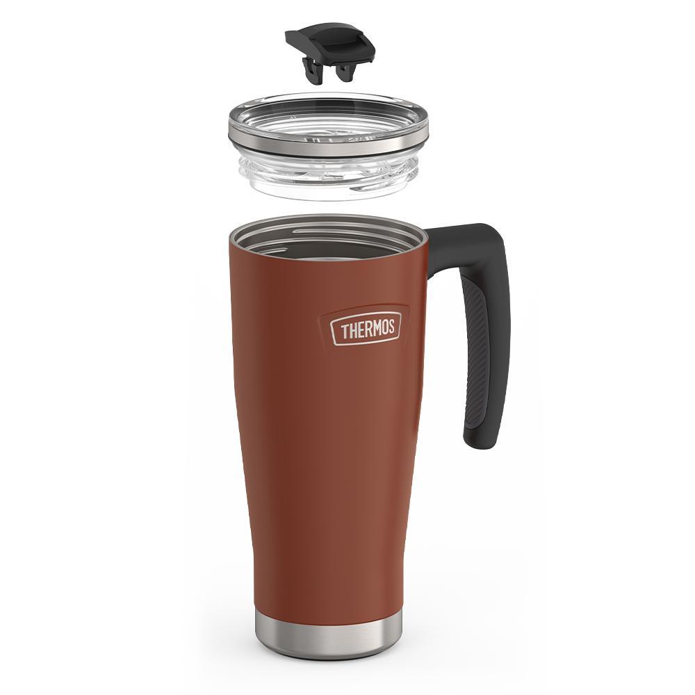 Thermos 18 ounce Stainless Steel Mug with handle and slide lock lid, leak resistant lid, components disassembled, Saddle Brown.