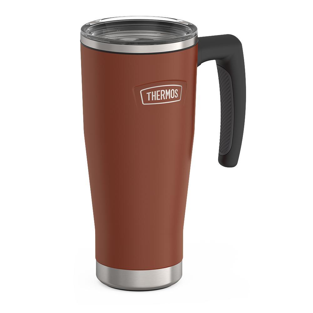 Thermos 18 ounce Stainless Steel Mug with handle and slide lock lid, side view, Saddle Brown.