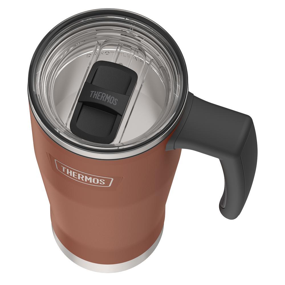 Thermos 18 ounce Stainless Steel Mug with handle and slide lock lid, top view of slide lock lid, with slide closed, Saddle Brown.