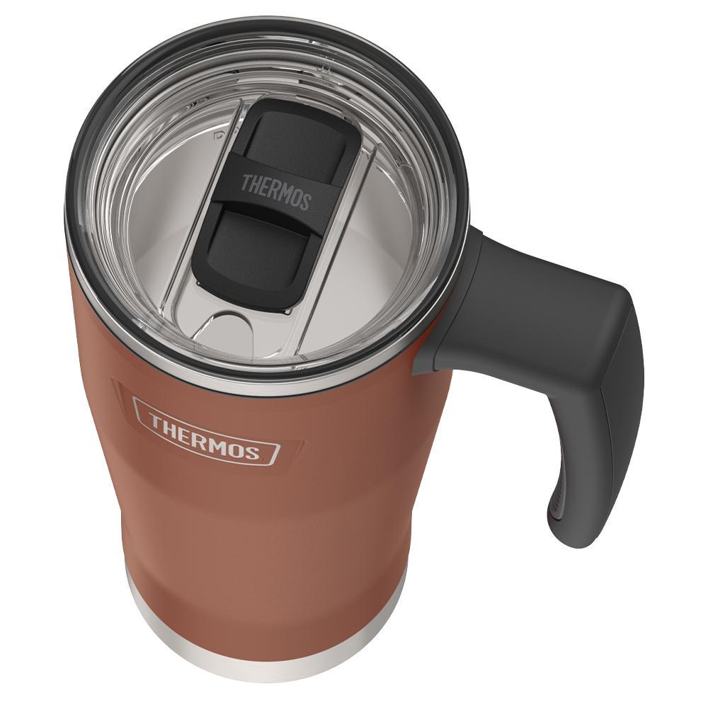 Thermos 18 ounce Stainless Steel Mug with handle and slide lock lid, top view of slide lock lid, with slide open, Saddle Brown.