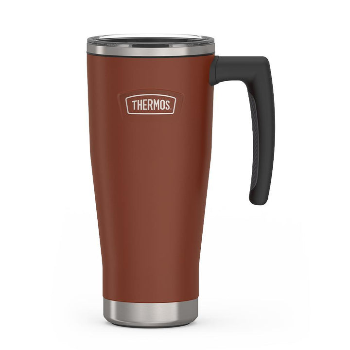 Thermos 18 ounce Stainless Steel Mug with handle and slide lock lid, front view, Saddle Brown.