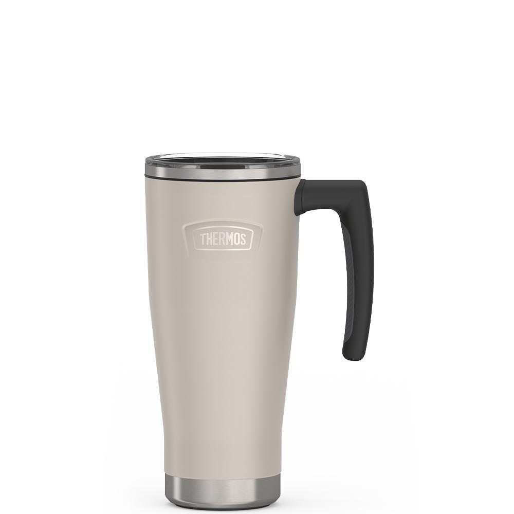 Thermos 18 ounce Stainless Steel Mug with handle and slide lock lid, front view, Sandstone Beige.