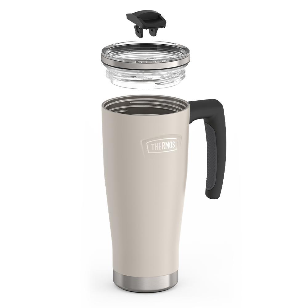 Thermos 18 ounce Stainless Steel Mug with handle and slide lock lid, leak resistant lid, components disassembled, Sandstone Beige.