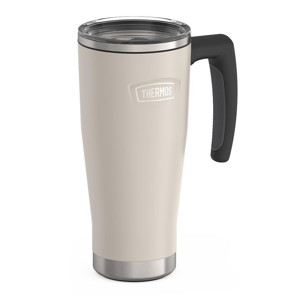 Thermos 18 ounce Stainless Steel Mug with handle and slide lock lid, side view, Sandstone Beige.